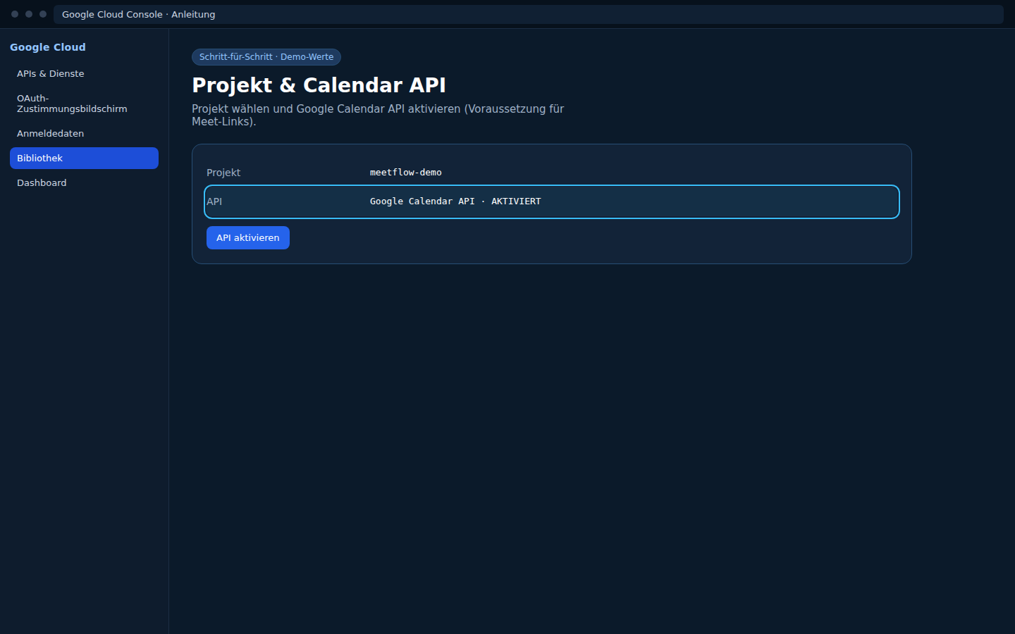 Google Cloud — Projekt + Calendar API aktiviert