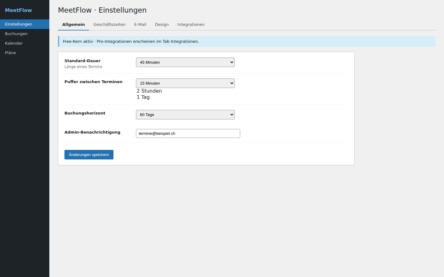 MeetFlow Admin — Einstellungen Allgemein