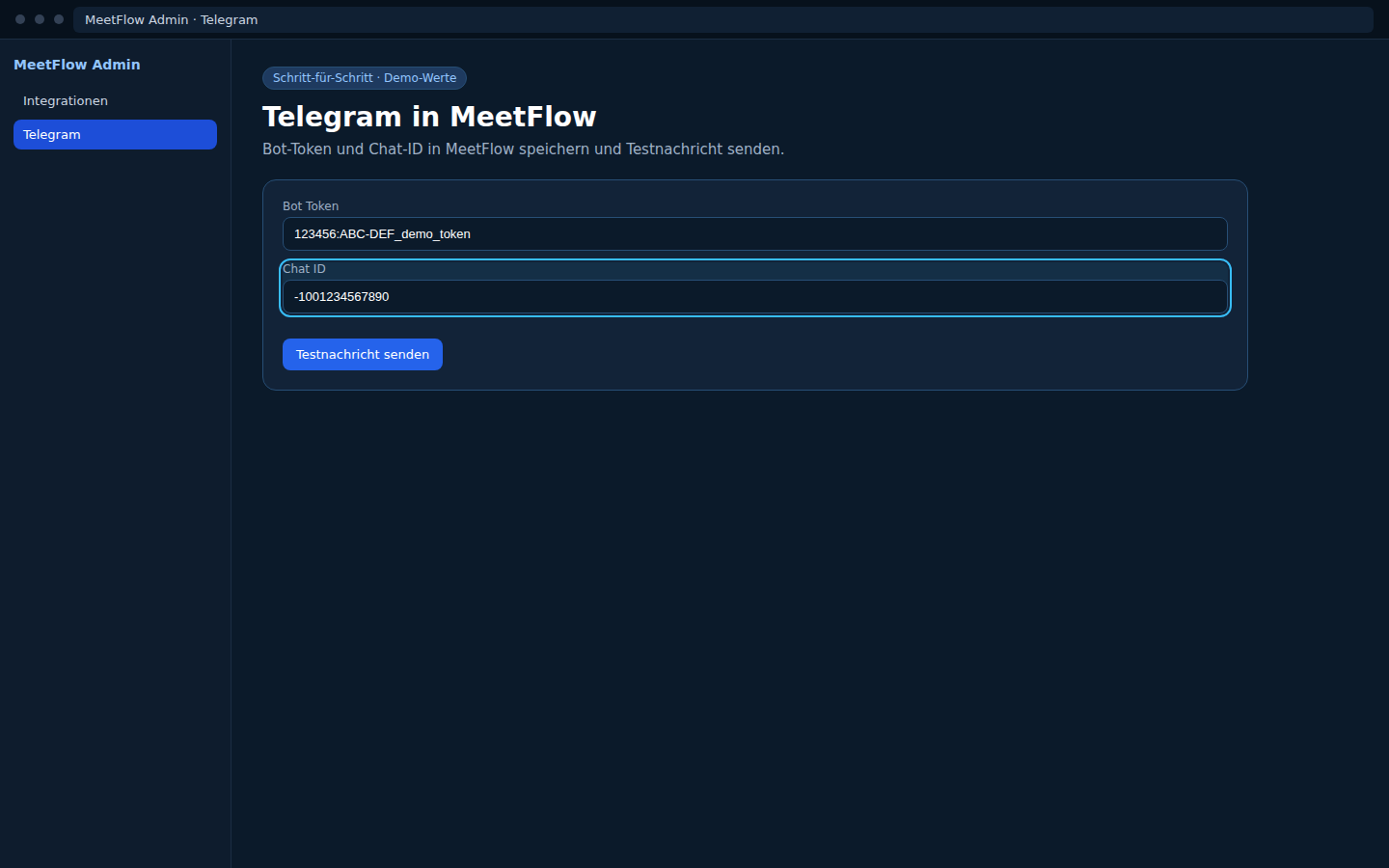 MeetFlow — Telegram konfiguriert