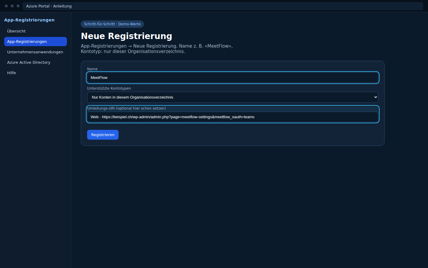 Entra — Neue Registrierung (Name, Single tenant)