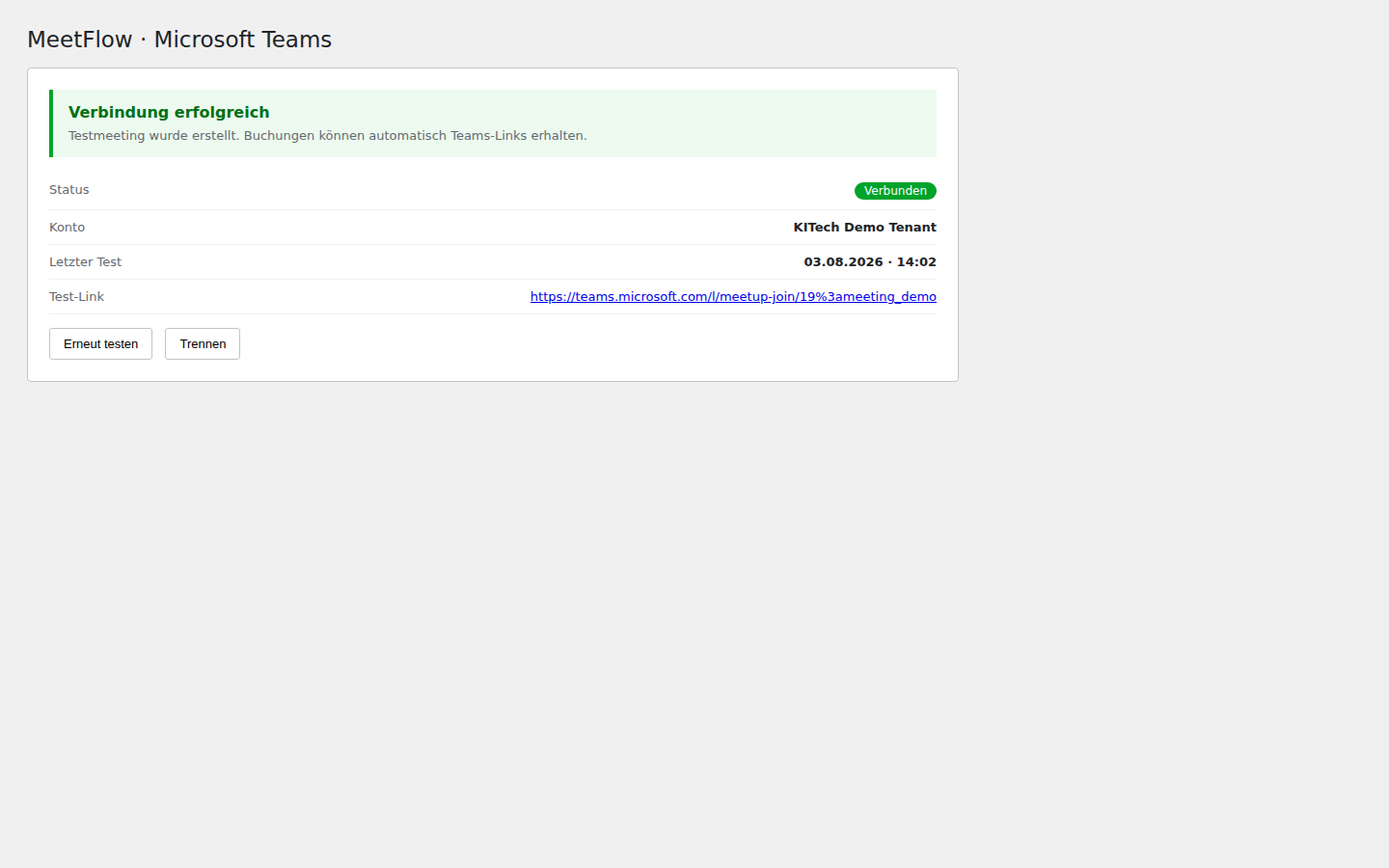 MeetFlow — Teams verbunden, Test erfolgreich