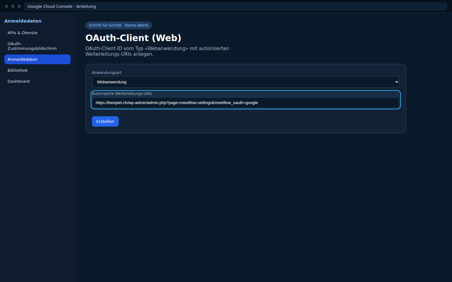Google — OAuth-Client (Webanwendung, Quellen, Weiterleitungs-URIs)