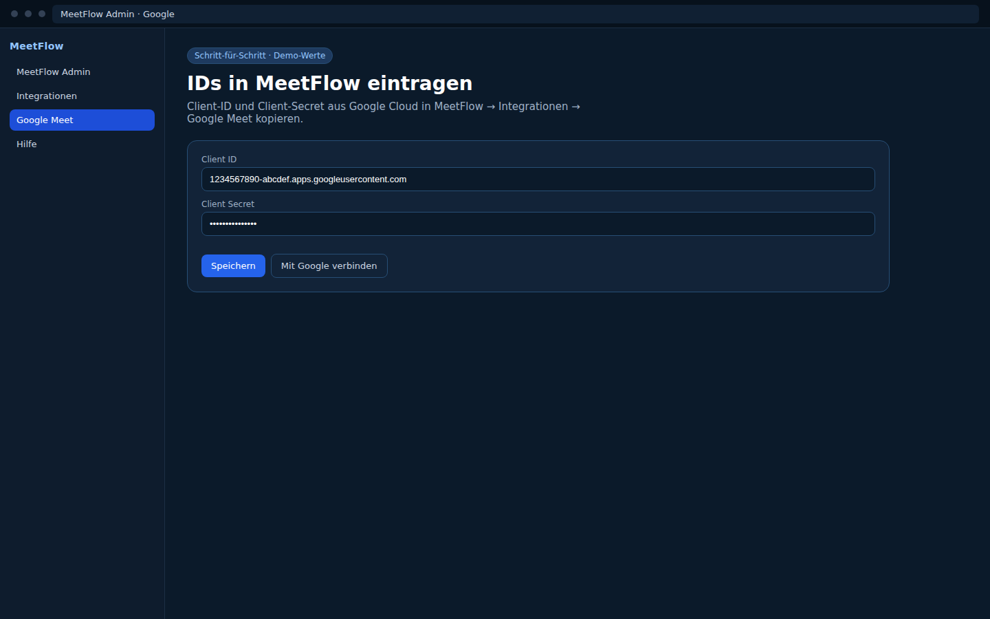 Google — Client-ID und Clientschlüssel / MeetFlow-Felder