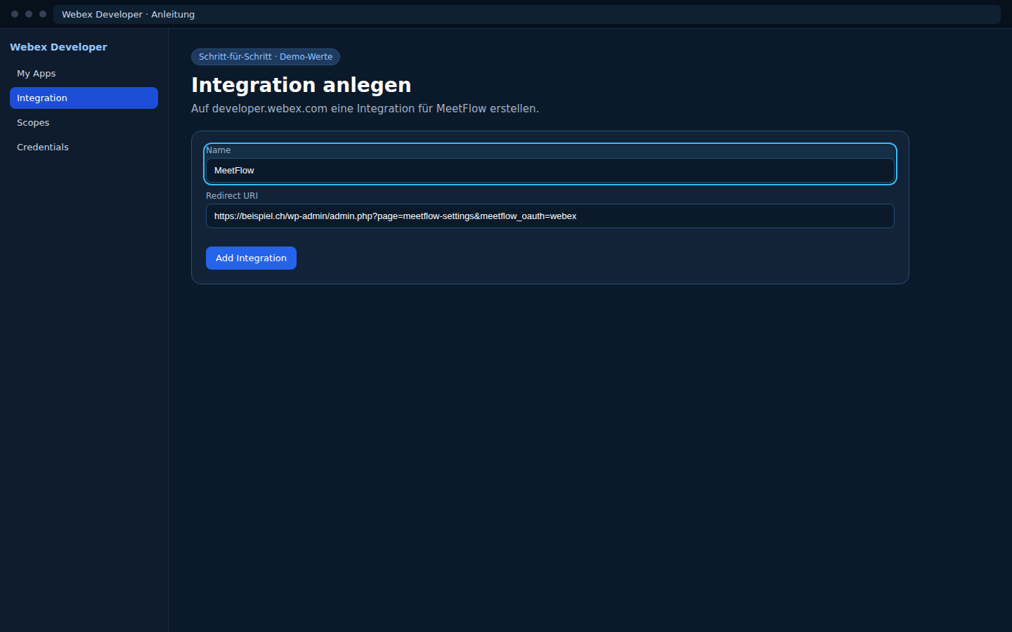 Webex — Integration anlegen + Redirect URI