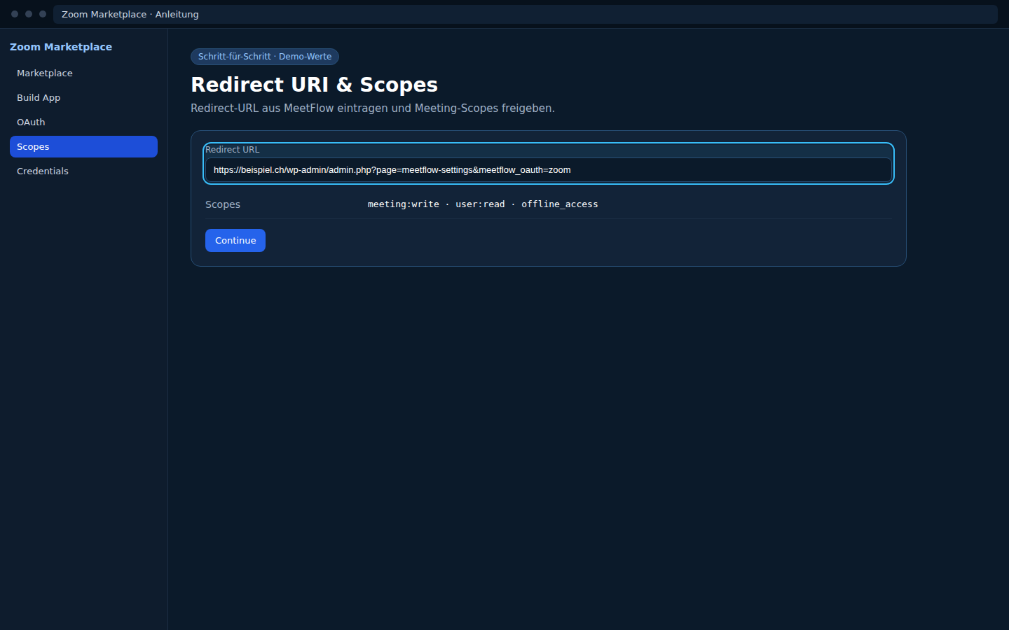 Zoom — Redirect URL for OAuth + Scopes